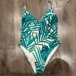 LA Hearts Womens One Piece Swimsuit Green White Hawaiian Leaves Padded V Neck M